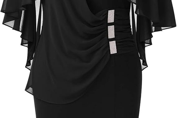 Hanna Nikole Women’s Plus Size Chiffon Ruffle Flattering Cape Sleeve Bodycon Pencil Dress