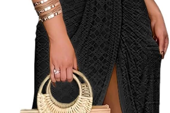 CHICME Womens Summer Halter Dress Hollow Out A Line Vacation Dresses with Eyelet Embroidery & Side Slit