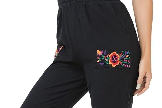 Women’s Mexican Floral Embroidered Jumpsuits Casual Lace Short Sleeves Pants with Two Pockets
