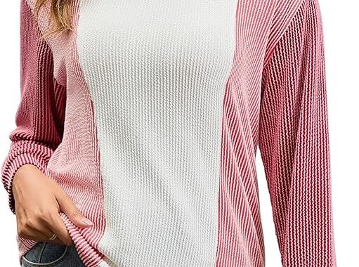 Women’s Long Sleeve Tops Color Block Crewneck Knitted Casual Pullover Sweatshirt Loose Fit Fall Trendy Tops